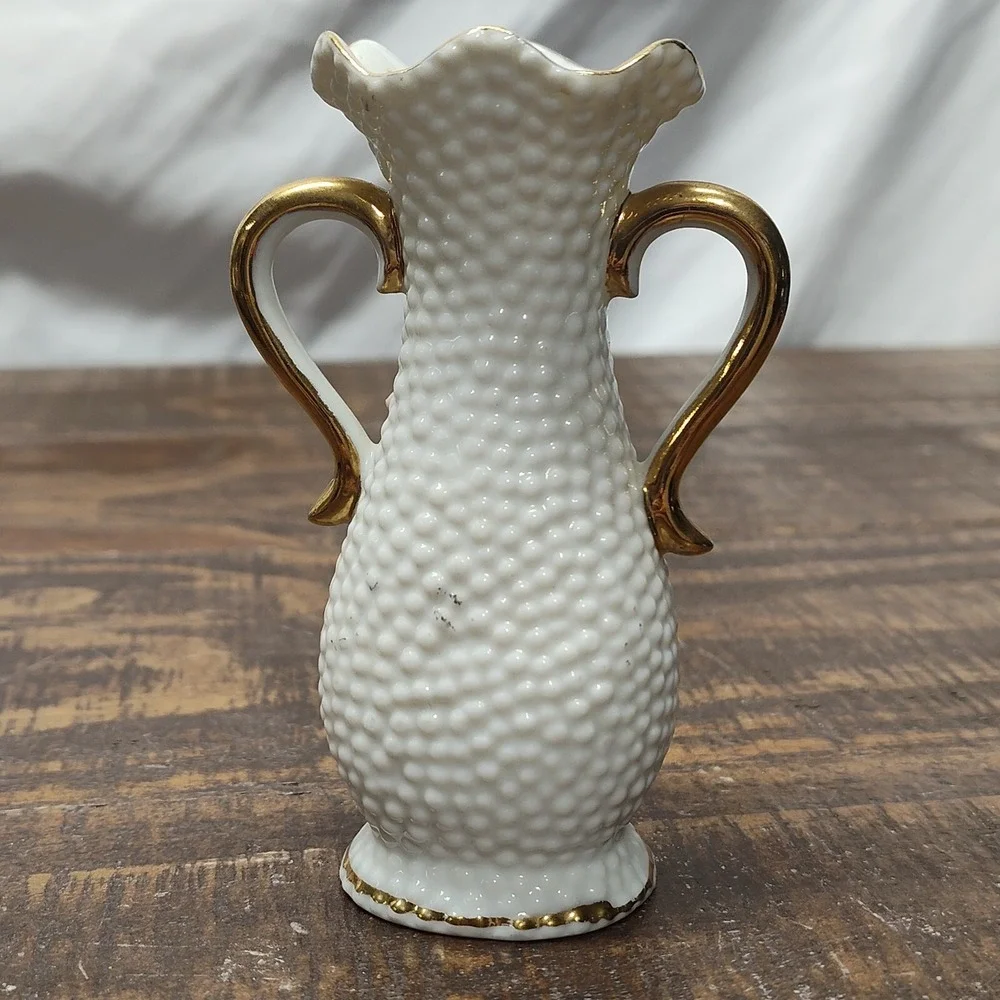 Vintage Miniature Hobnail Vase White Porcelain w/ Handles Pastel Pink blue gold
